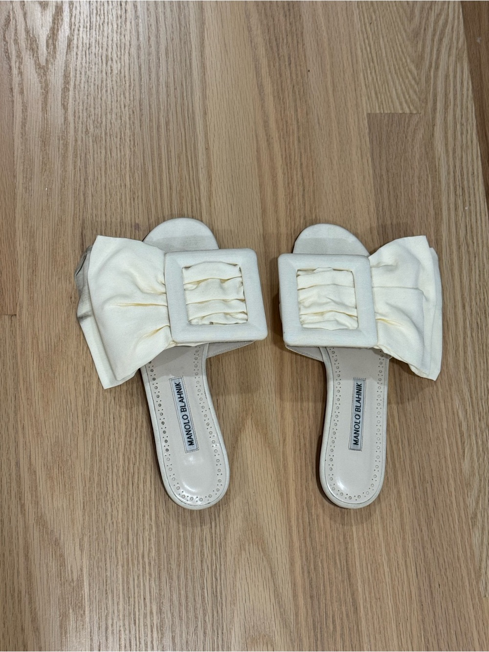 Manolo Blahnik Cream Bow Slide Mules with Square Buckle